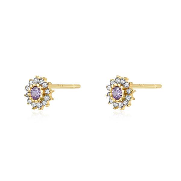 Gold Floral Amethyst Halo Stud Earrings