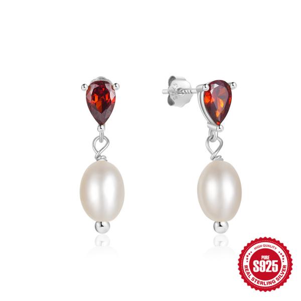 925 Silver Garnet and Pearl Drop Earrings