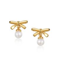 Gold Bow Pearl Stud Earrings
