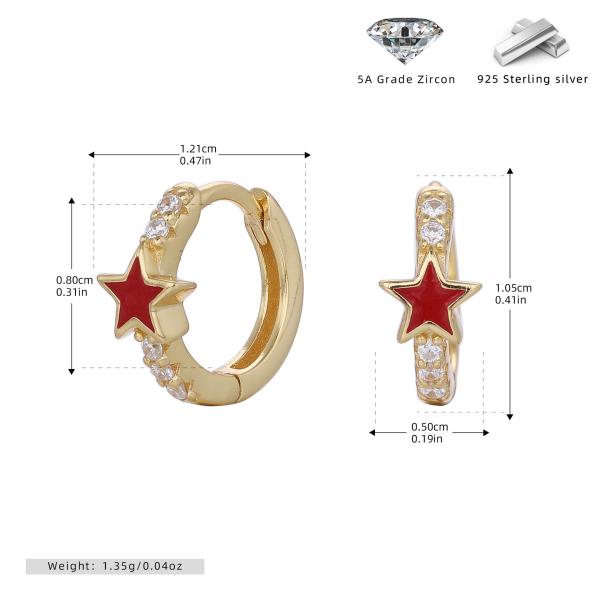 Gold Red Star Huggie Earrings with Zirconia