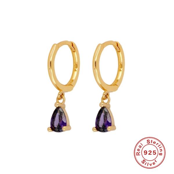 Gold Huggie Earrings with Amethyst Drop
