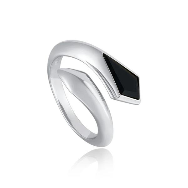 Silver Geometric Onyx Open Band Ring