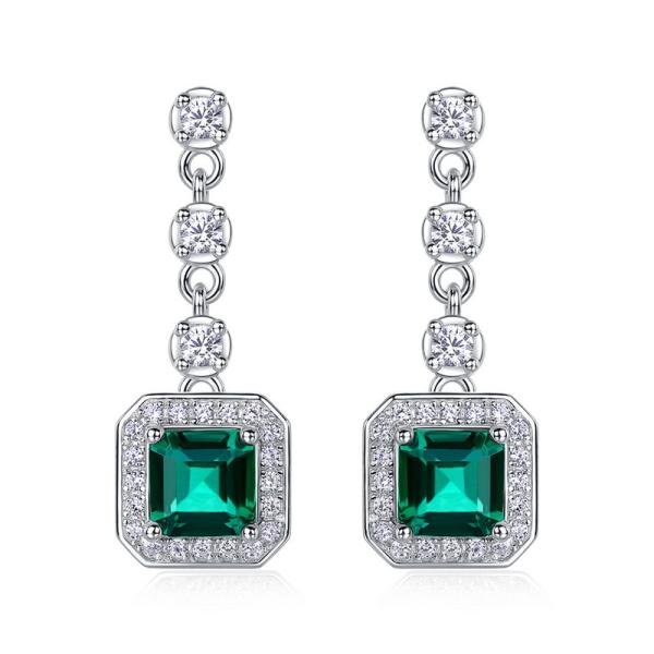 Sterling Silver Emerald-Cut Halo Dangle Earrings