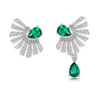 Silver Fan Stud Earrings with Green Stones