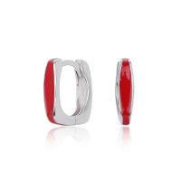 Red Enamel Geometric Silver Huggie Earrings