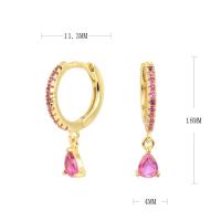 Gold Huggie Earrings with Pink Drop