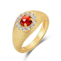 Gold Textured Signet Ring with Red Stone Halo