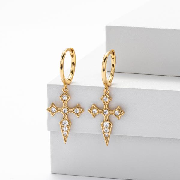 Cubic Zirconia Cross Gold Dangle Earrings