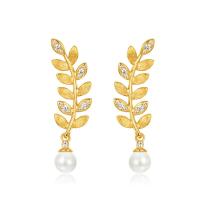 Leaf Motif Pearl Gold Dangle Earrings