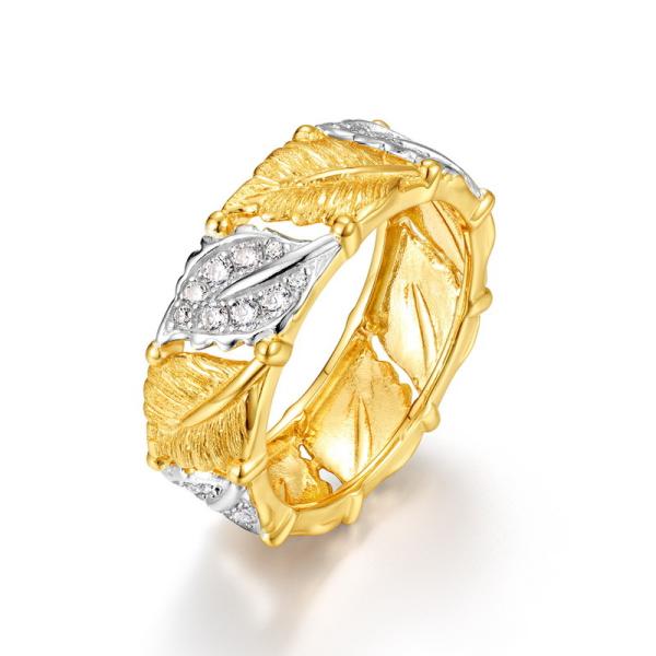 Two-Tone Leaf Motif Band Ring with Cubic Zirconia