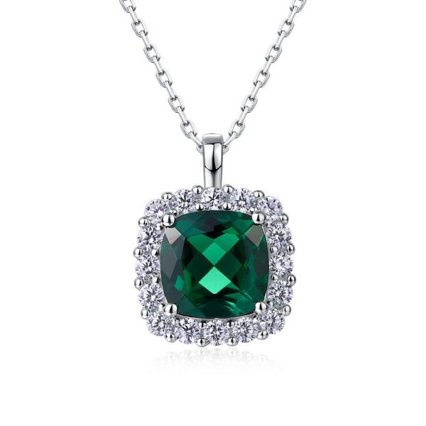 Cushion-Cut Halo Silver Pendant Necklace