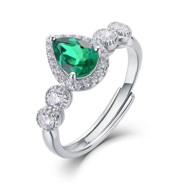 Pear-Shaped Emerald Halo Silver Ring