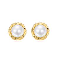 925 Silver Gold Bezel Pearl Stud Earrings