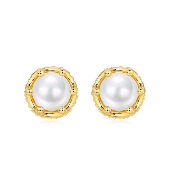 925 Silver Gold Bezel Pearl Stud Earrings