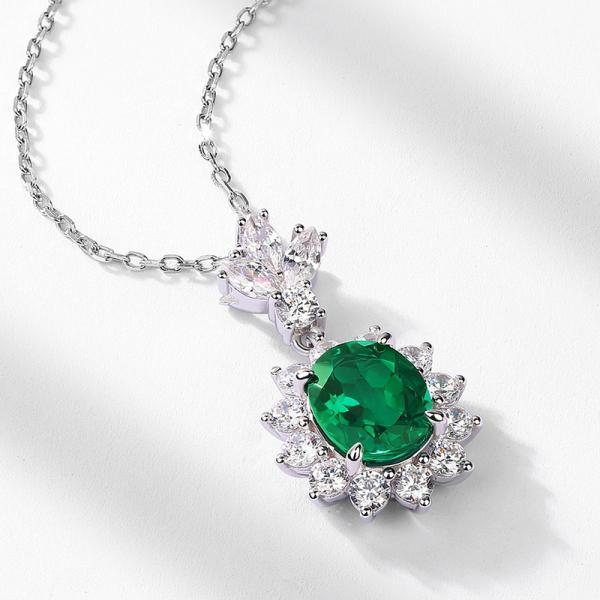 925 Silver Emerald Floral Pendant Necklace