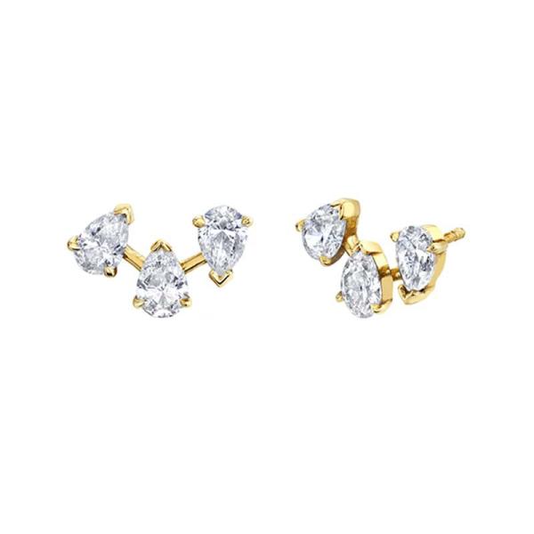 Gold Triple Stone Stud Earrings