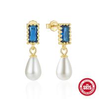 Gold-Plated Blue Stone and Pearl Drop Earrings