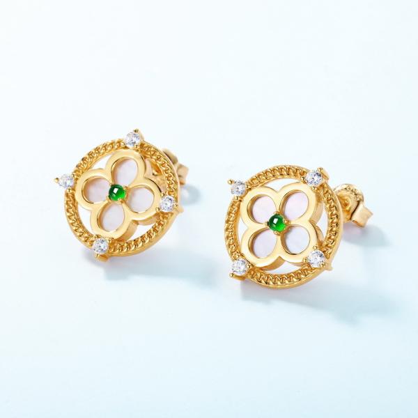 Floral Green Center Gold Stud Earrings