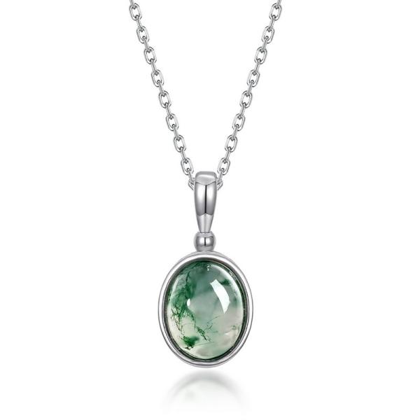Silver Green Glass Oval Pendant Necklace