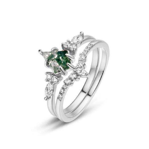 Moss Agate Stackable Silver Ring Set