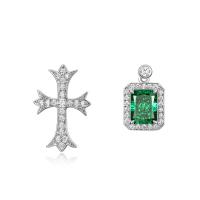 925 Silver Cross and Green Stone Stud Earrings