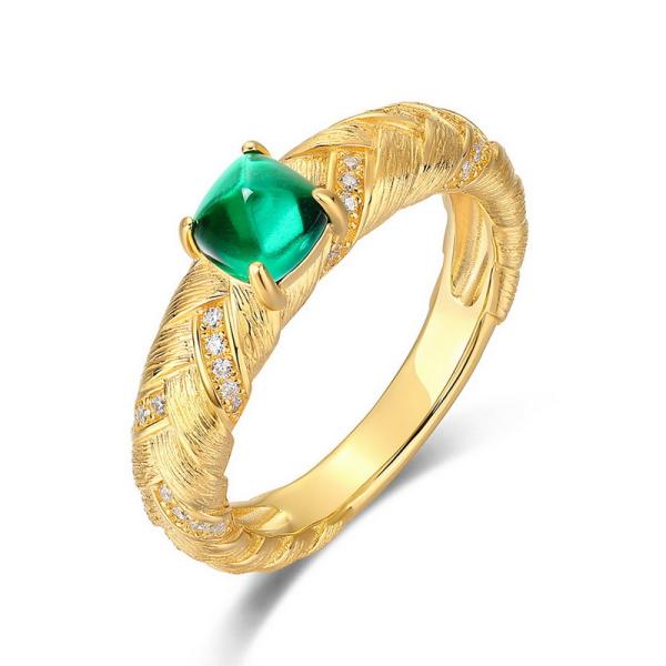 Gold Textured Band Ring with Emerald