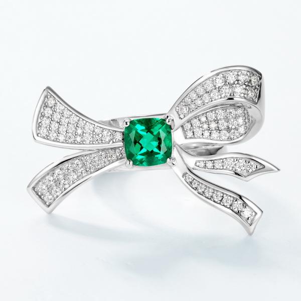 Silver Bow Emerald Statement Ring