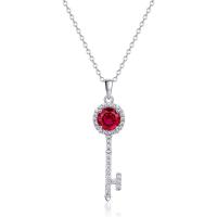 Silver Key Pendant Necklace with Red Crystal
