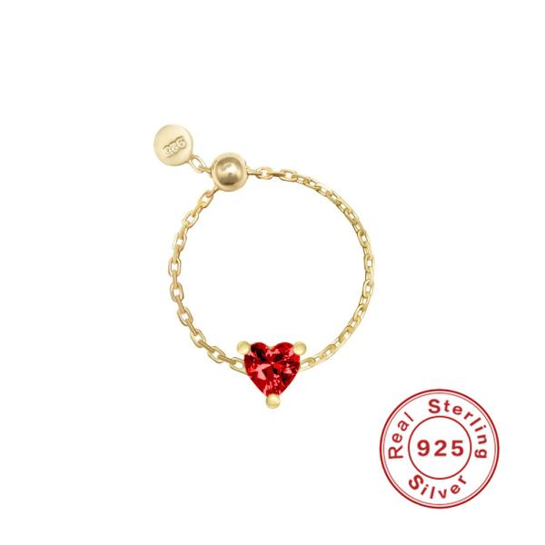 Sterling Silver Heart Chain Ring with Red Stone