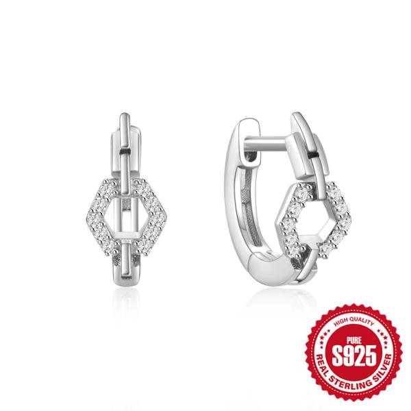 Sterling Silver Hexagon Pavé Hoop Earrings
