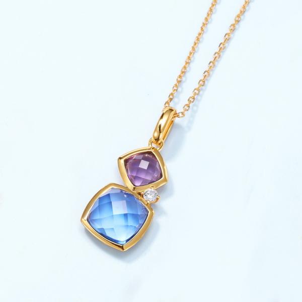 Gold Blue & Purple Stone Pendant Necklace