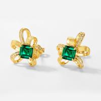 Gold Bow Emerald Stud Earrings