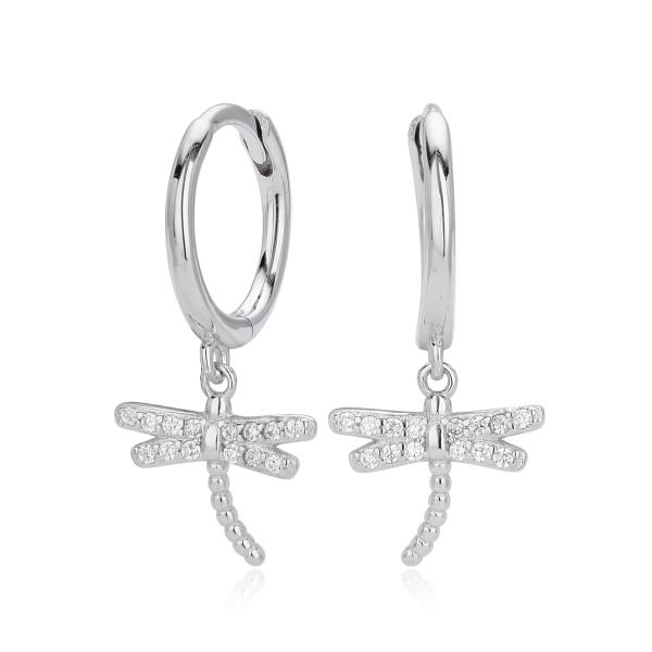 Silver Dragonfly Pavé Huggie Earrings