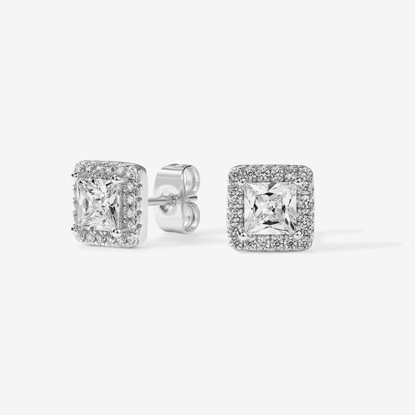 Square Halo Silver Stud Earrings