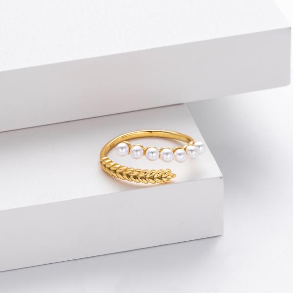 Gold Pearl Leaf Cuff Ring