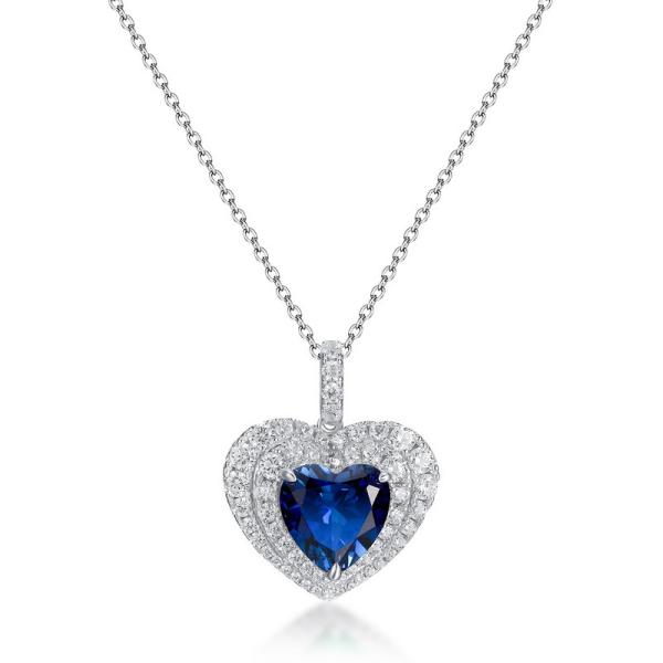 Sapphire Heart Halo Pendant Necklace