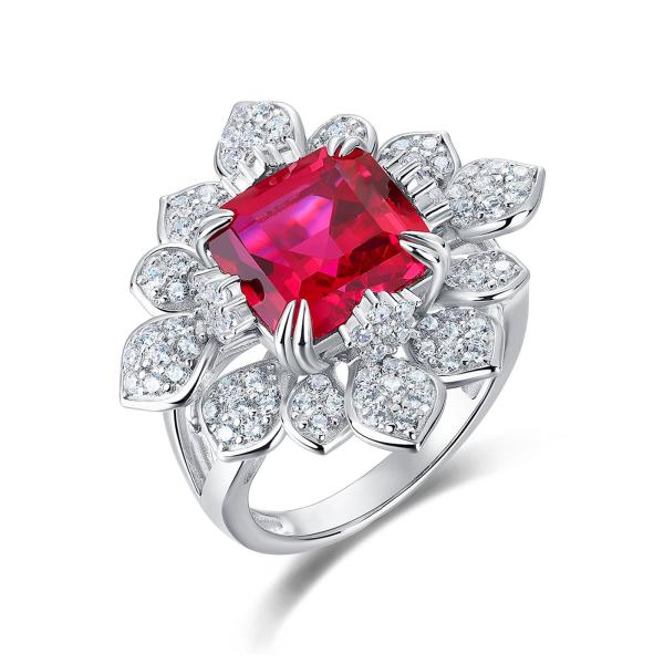 Ruby Floral Silver Ring