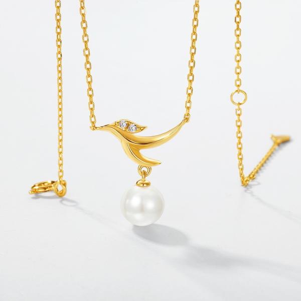 Gold Bird Motif Pearl Drop Necklace