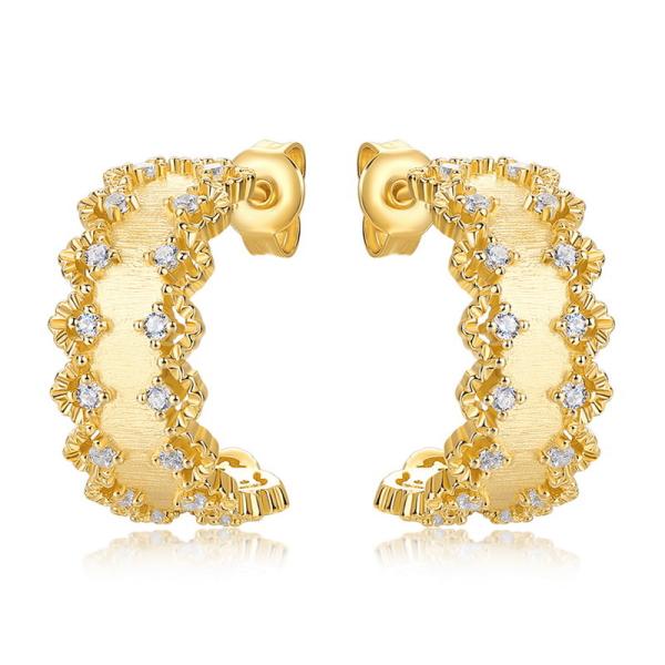 Gold Textured Hoop Earrings with Cubic Zirconia