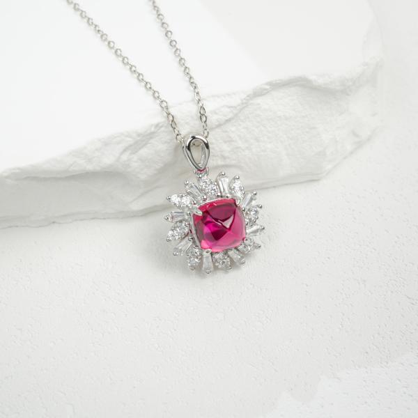 Silver Pink Gemstone Halo Pendant Necklace