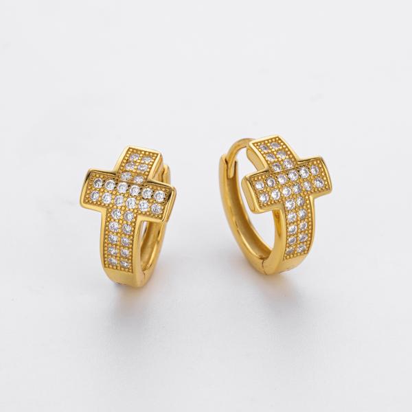 Gold Cross Pavé Huggie Earrings