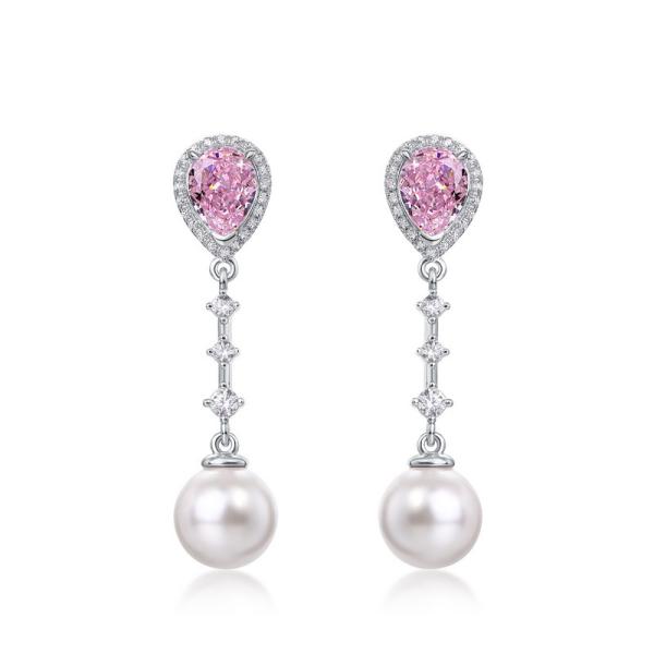 Pink Stone & Pearl Silver Dangle Earrings