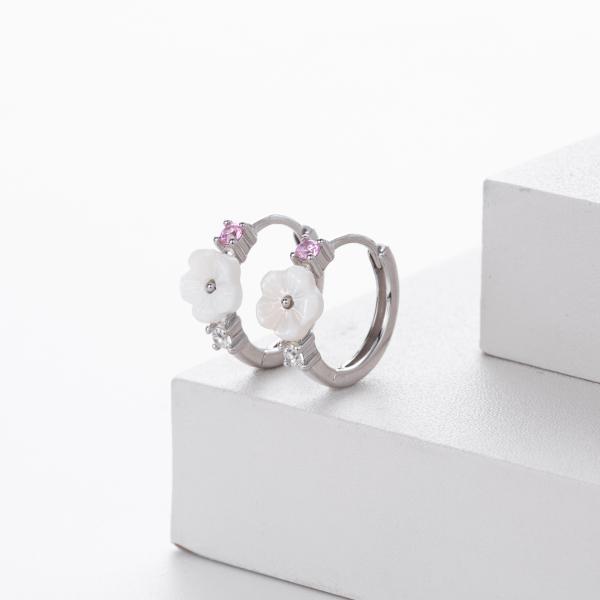 Silver Floral Pink Accent Hoop Earrings