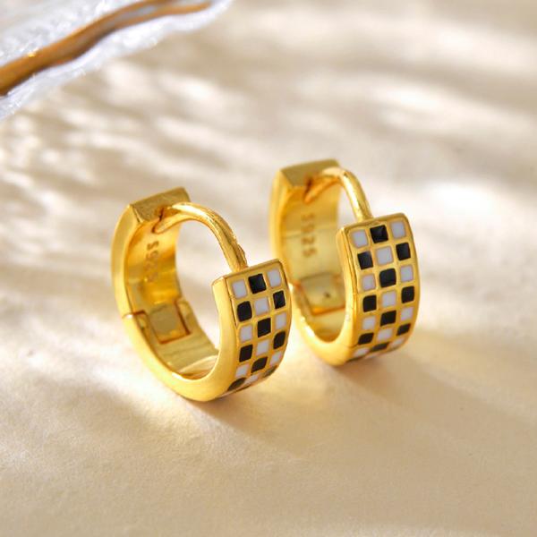 Gold Enamel Checkerboard Huggie Earrings