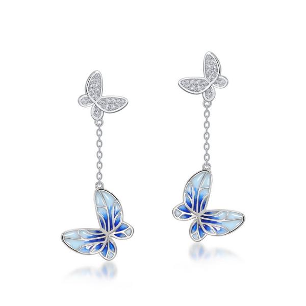 Silver Butterfly Dangle Earrings with Blue Enamel
