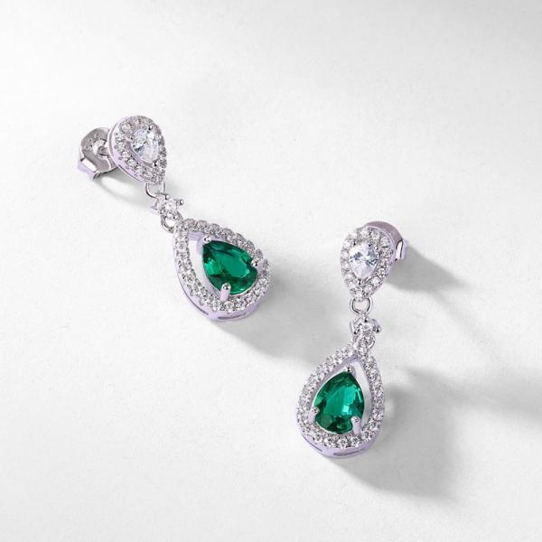 Emerald Halo Silver Drop Earrings