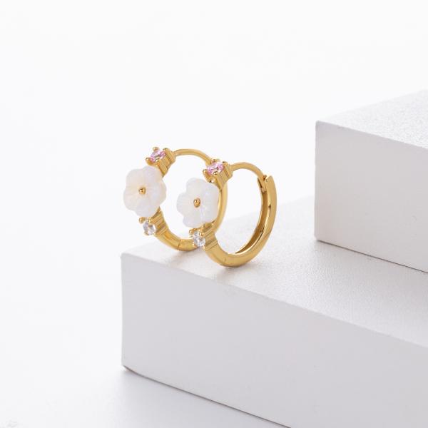 Gold Floral Pink Accent Hoop Earrings