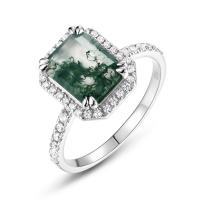 Sterling Silver Green Rectangular Halo Ring