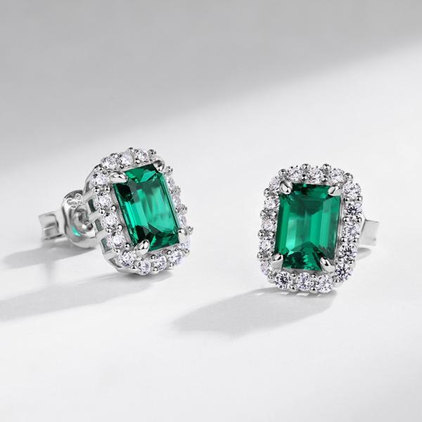 Sterling Silver Emerald Halo Stud Earrings