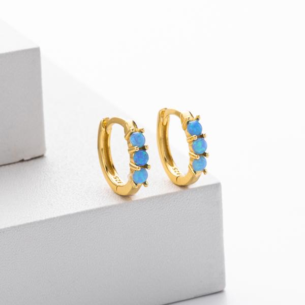 Gold Huggie Earrings with Blue Opal